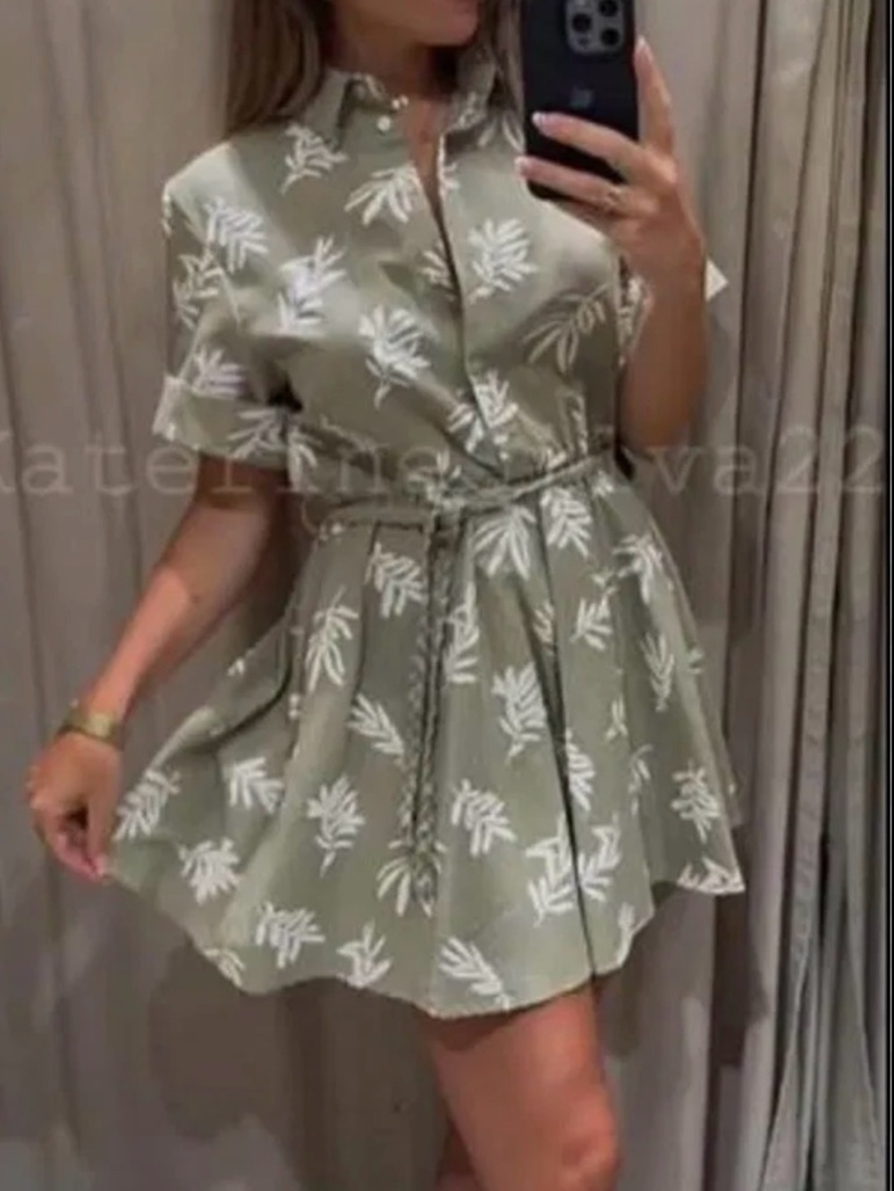 Zara Olive Green Short Sleeve Floral Tie-Waist Mini Dress - Picture 4 of 7